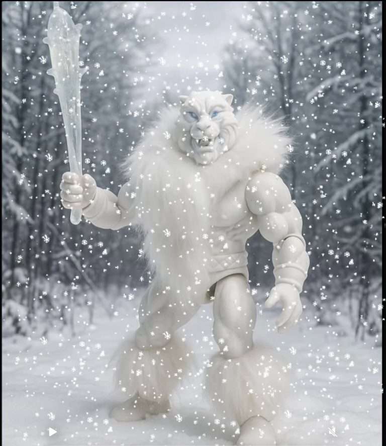 Snow Wolf, un personnage blanc ressemblant à un loup avec des marchandises douces et des griffes glacées, posé au sommet d'un sanctuaire enneigé avec des pics givrés et une brume Picsart rougeoyante en arrière-plan.