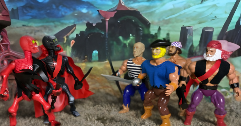 Under a low sun casting long shadows, the Pirates of the Galaxseas—muscular figures with scars, weapons, and pirate flair—stand in dramatic poses on a tropical island. Their plastic forms, set against golden shores and ruins, evoke an eternal clash between living buccaneers and undead foes.