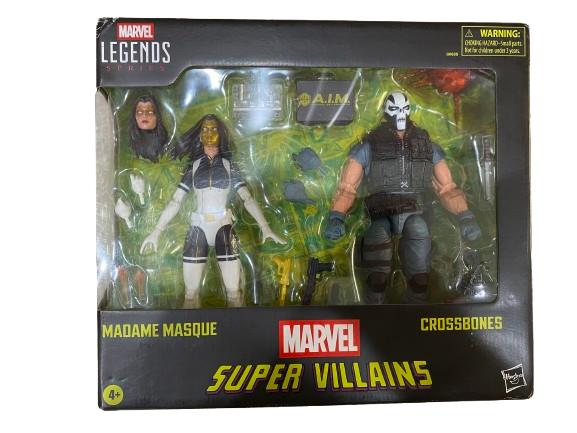 The Marvel Legends Masque & Crossbones 2-Pack packaging, showcasing eco-friendly foam and vibrant comic-style art of the villain duo in action.