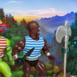 Crackers McCaw and Mad Eye Marauder confront Jewel Smuggler posing with silver axe in a lush fantasy meadow.