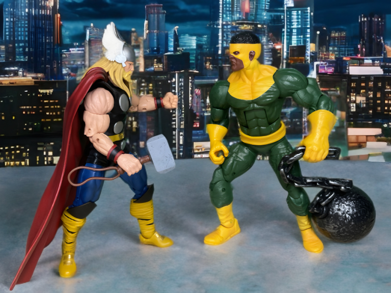 Thunderball swinging wrecking ball at Thor in a stormy Asgardian ruin.