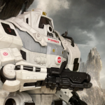 A side view of the Cobra S.N.A.K.E. Battle Suit from G.I. Joe Classified, showing its fire blaster.