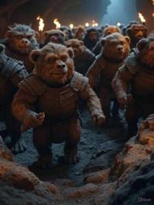A group of bugbears gathered in a torchlight underground cavern.