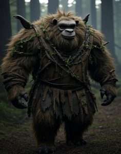 A bugbear in a dynamic pose, standing 7 feet tall with shaggy fur set against a dark forest backdrop.