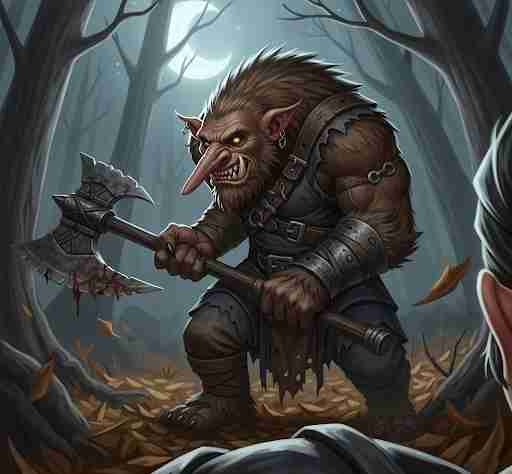 Artwork showing a bugbear depicted as menacing figure in their cultural folklore settings.
