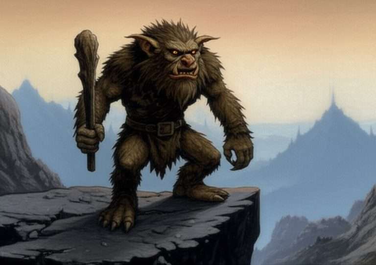 A bugbear depicted as a brutish, furry antagonist, transitioning from a folklore shadow to a fantasy warrior in a Tolkien-inspired world.
