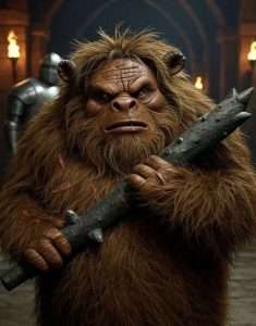 A hairy bugbear depicted as a stealthy goblin-giant, ready to ambush adventurers.