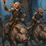 Nilbogs on pig-back traveling through the misty caverns.