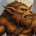 Closeup de um bugbear com montanhas ao fundo.