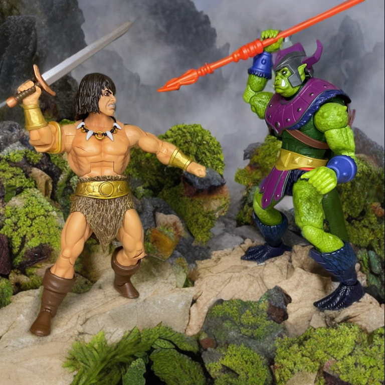 Conan swings at green-skinned Whiplash wielding a spear amid vine-covered temple stones.
