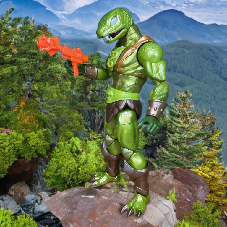 The 7-inch Masterverse Kobra Khan figure posed in a striking lunge, holding a cobra-headed blaster with a translucent green venom effect dripping from its jaw.