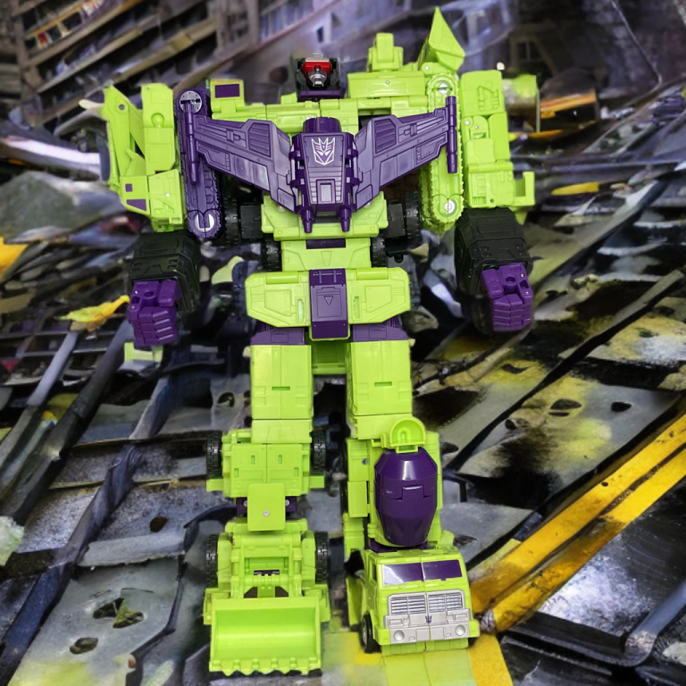 Final combiner pose: Devastator towering over everything, green monolith with hazard flair under dramatic backdrop of destruction.