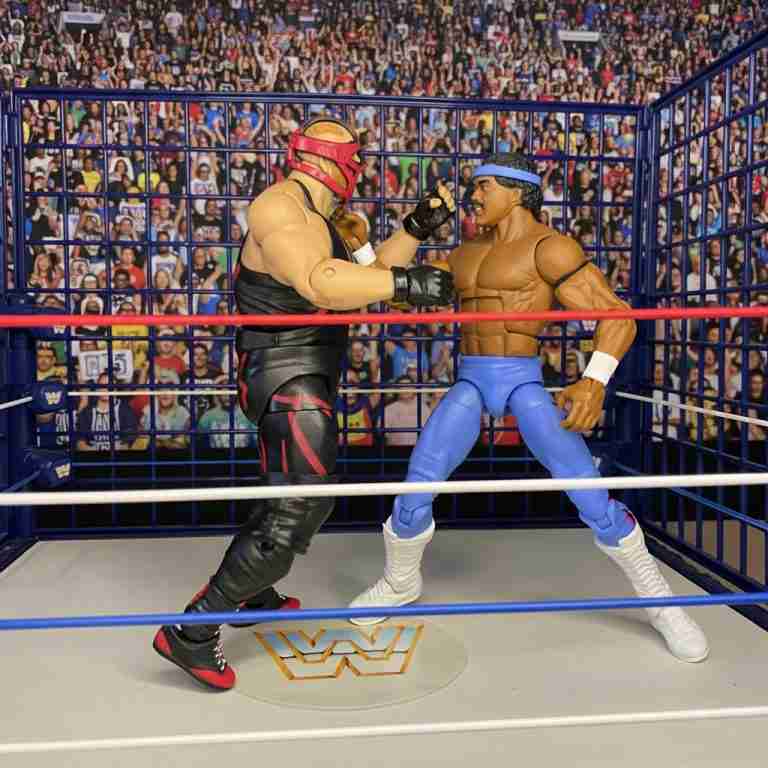 Big Van Vader und Ron Simmons stehen sich in Kampfhaltung in einem Stahlkäfig gegenüber, während die Zuschauer im Hintergrund stehen.