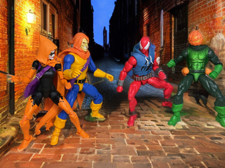 A tense alleyway confrontation where Hobgoblin, Hallow’s Eve, and Jack O’Lantern face the Scarlet Spider, their glowing masks and fiery pumpkin head casting eerie light on the cobblestone path, with brick walls and a twilight sky enhancing the Halloween mood.
