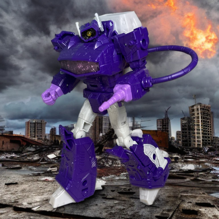 Purple Shockwave toy with yellow eye, arm cannon extended, walking in a destroyed urban area with flames and cloudy skies.