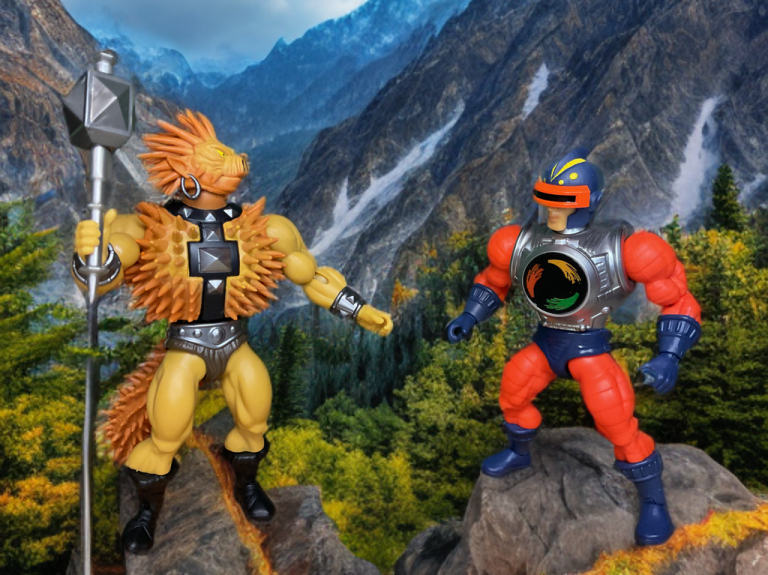Spikor, a brown, spiky figure with a trident hand, stands on a rocky base facing sketchbook Syklone.