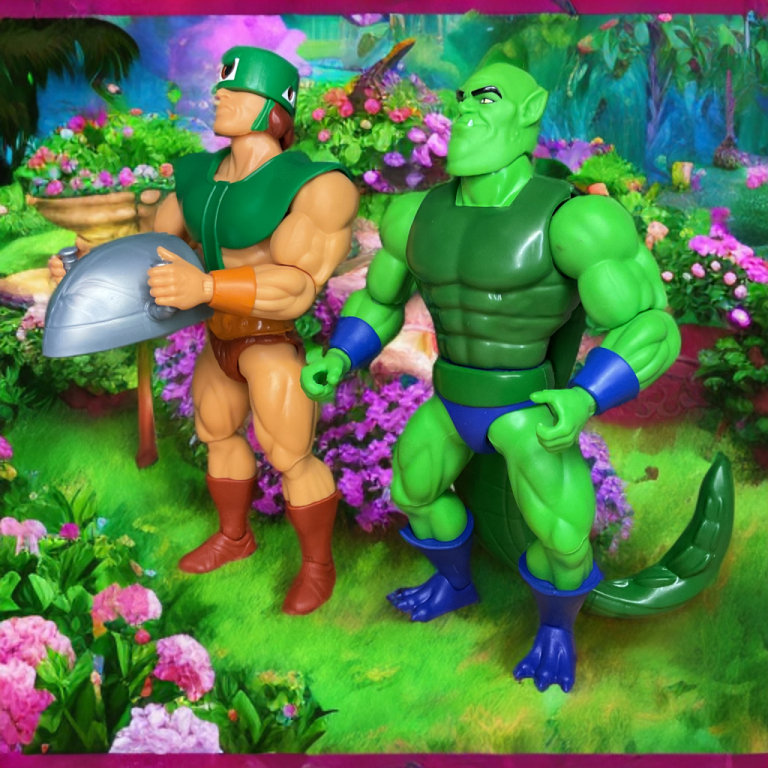Gruppenfoto der MOTU Cartoon Collection Figuren, darunter Whiplash und Triklops, die in einem Eternian Diorama angeordnet sind.