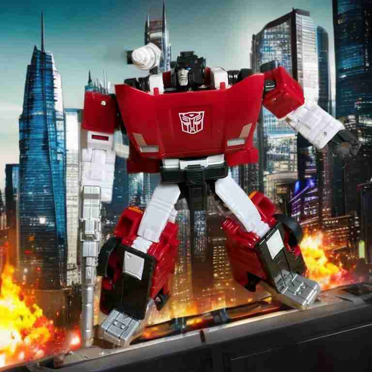 Sideswipe empunhando um blaster e um foguete, em uma pose dinâmica que recria a ação de esmagamento do Decepticon do cânone.