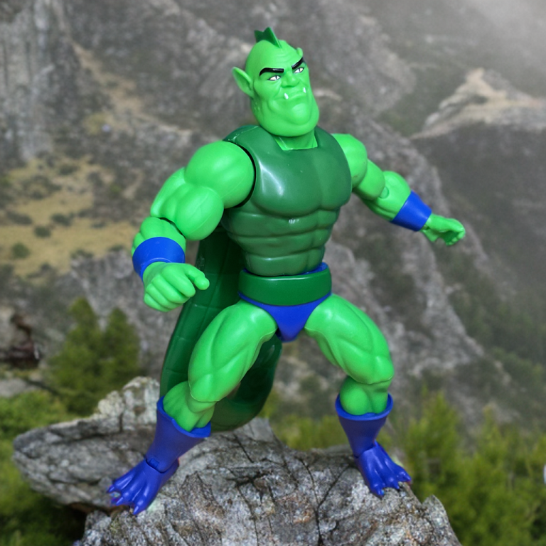 Gelenkige Whiplash-Figur in mittlerer Peitschenpose, mit abnehmbarem Kopf und lila Hose, die an Szenen aus He-Man-Folgen erinnert.