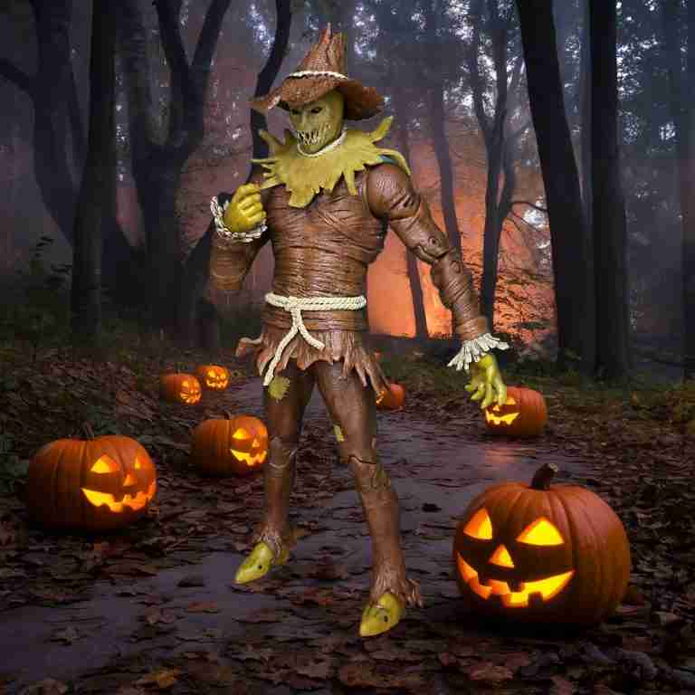 The Scarecrow figure stands under orange lighting, casting eerie shadows, with its cane raised and burlap mask glowing faintly, evoking Halloween vibes.