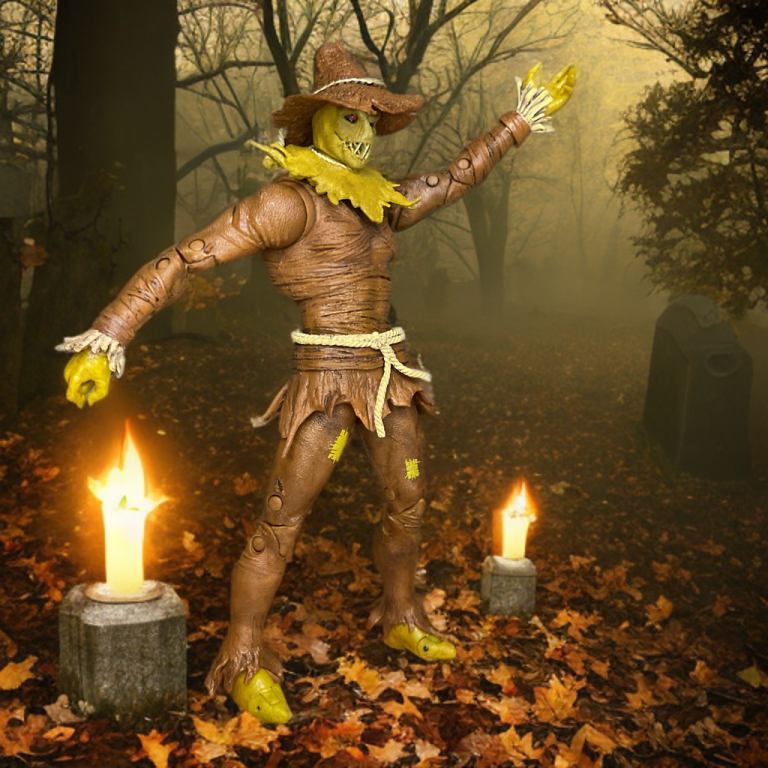 The Scarecrow figure posed dynamically with tattered green and brown clothing detailed with rope textures in the woods among glowing candles.