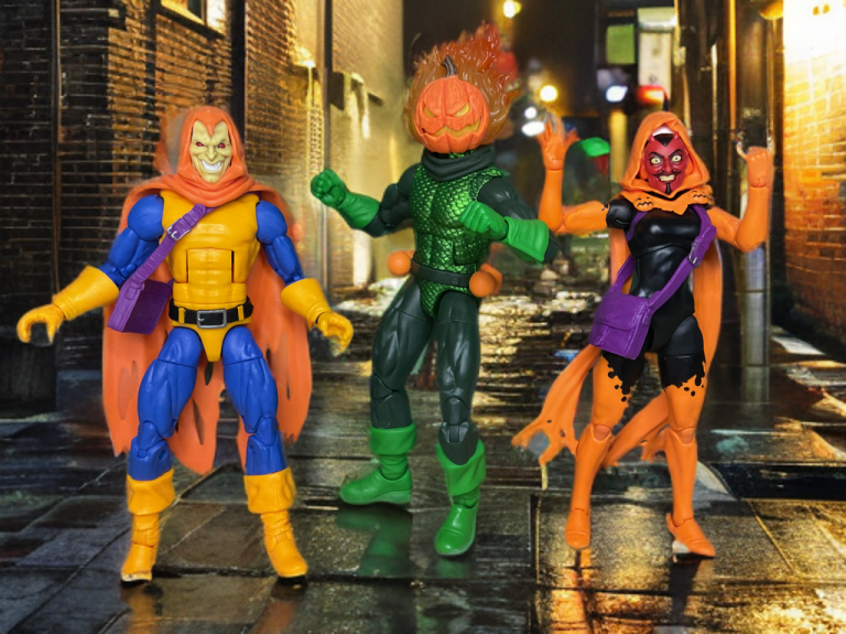 A vibrant Halloween scene featuring Marvel villains Hobgoblin, Hallow’s Eve, and Jack O’Lantern in a rain-slicked alley, their colorful costumes glowing under a streetlamp as they pose menacingly with pumpkin bombs and mystical masks, ready to unleash chaos on a city backdrop.