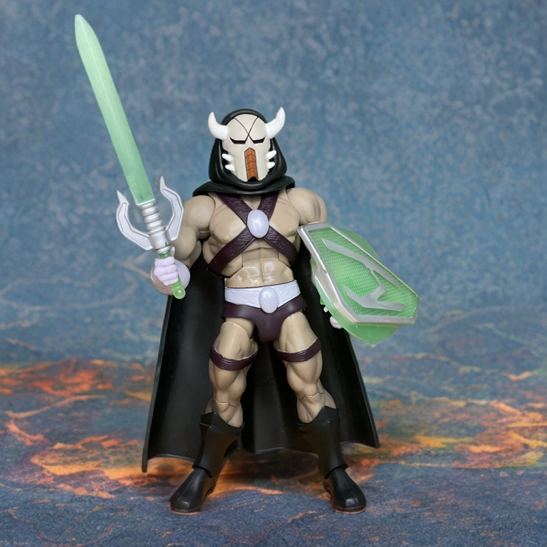 Lord Masque with sword drawn in front of a neutral background.
