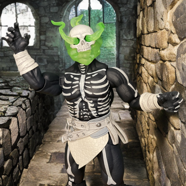 The Head Hunter figure posed in a rocky cave with glowing green spectral energy swirling around its skull head, its black body adorned with white bones, white boots, and a silver belt, with blue light effects enhancing the eerie atmosphere.