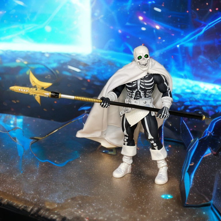 The Head Hunter figure on a cosmic blue background with glowing effects, its black body with white skeletal details, white cape, and white boots, holding a gold and black staff, with abstract light patterns around it.