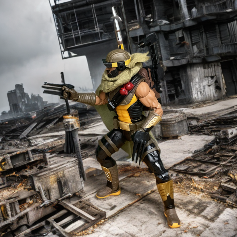 Desert Scorpion posed ready to strike with his detachable steel claws in a war torn city.