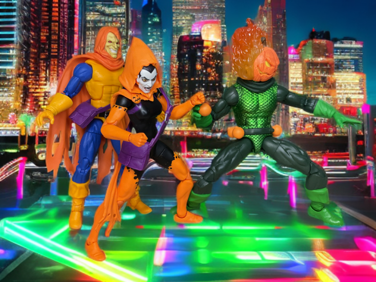 On a city rooftop, Hobgoblin, Hallow’s Eve, and Jack O’Lantern strike dynamic poses, their fiery and mystical costumes glowing against a backdrop of skyscrapers and neon lights, capturing the essence of Halloween havoc in Marvel’s universe.