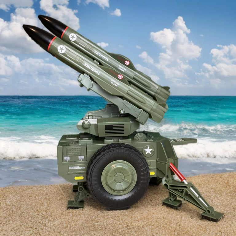 The Mobile Missile System, fully assembled with three missile pods and rubber tires at the edge of the ocean ready to strike.