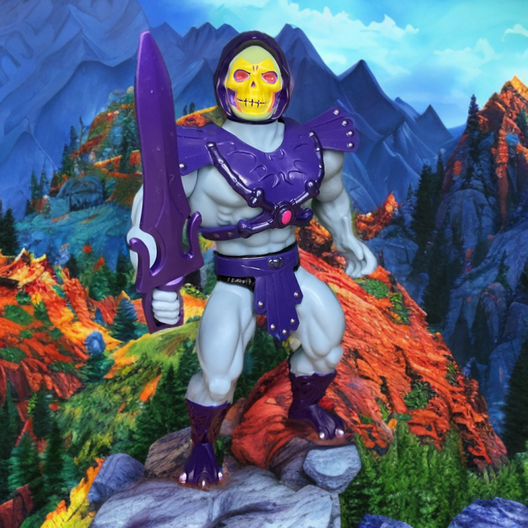 Skeletor action figure with skull face, purple hood, and Havoc Staff, embodying villainy from the Masters of the Universe line.
