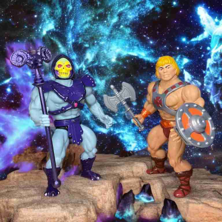 Display setup of He-Man and Skeletor figures with accessories, evoking 1980s nostalgia in Mattel’s 80th anniversary exclusive.