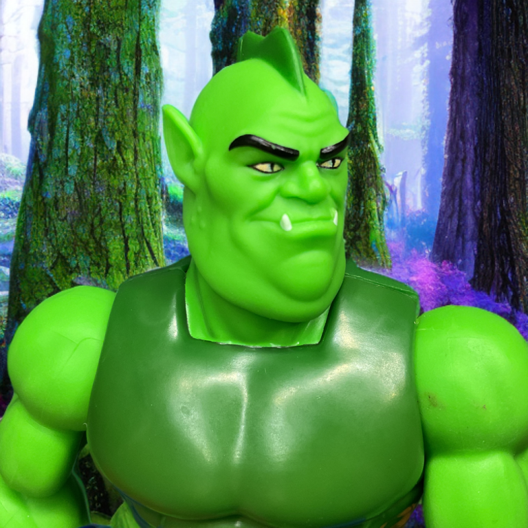 Nahaufnahme der grünen Whiplash-Actionfigur mit gelben Augen, knurrendem Mund und aufgerolltem Schwanz, die dynamisch vor einem nostalgischen 80er-Jahre-Hintergrund posiert.