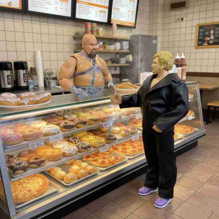 Aktionsfigur von Harley Race, die Bastion Booger von einer Donut-Vitrine in einer Bäckerei mit Gebäck und Kaffeemaschinen im Hintergrund wegdrängt.
