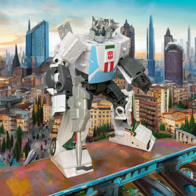 Cel-shaded Wheeljack from Transformers: Devastation, firing ranged attacks in mid-range combat against Insecticons.