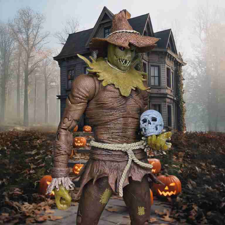 The Scarecrow holding skull accessory in front of a creepy old colonial style house.