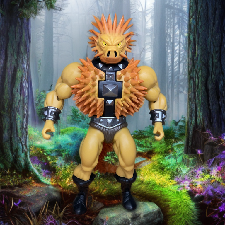 A 5.5-inch Spikor figure with brown spikes stands in a mystical forest. The packaging shows a sketch of Spikor lunging, with amber accents and MOTU text.