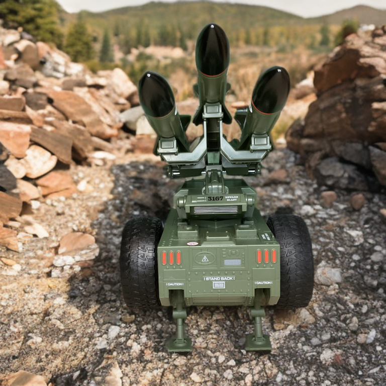 The Mobile Missile System, a 10-inch towable trailer, sits in a natural environment.