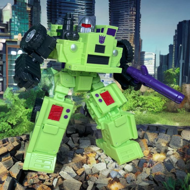Long Haul in robot mode stalking the city at dusk.