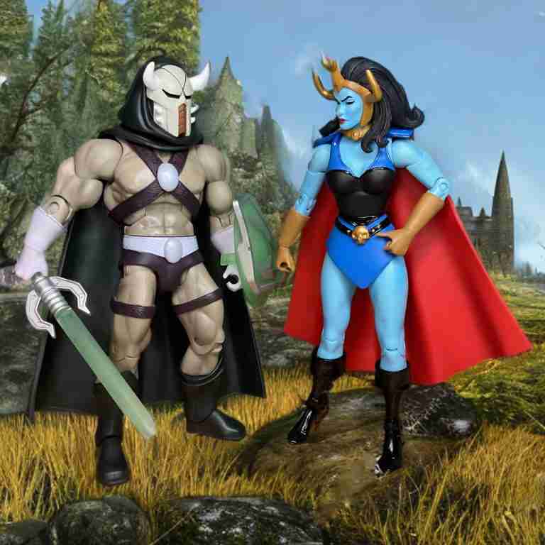 Lord Masque in a black cape wielding a green sword and shield stands next to Shoko with a red cape and horned headdress, with a mountainous landscape behind them.