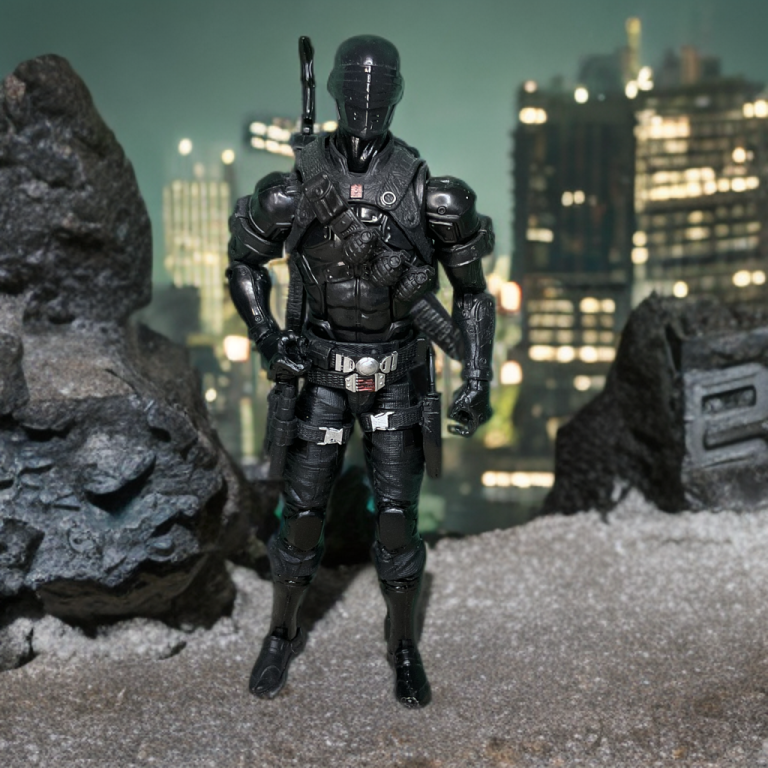 G.I. Joe Classified Series #02 Snake Eyes em traje ninja preto fosco.