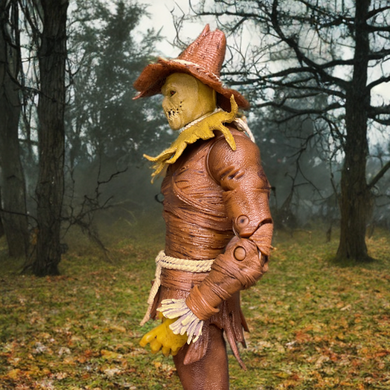 Side view of the McFarlane Scarecrow figure, highlighting its elongated limbs, straw-filled boots, and double-jointed articulation for a menacing crouch pose.