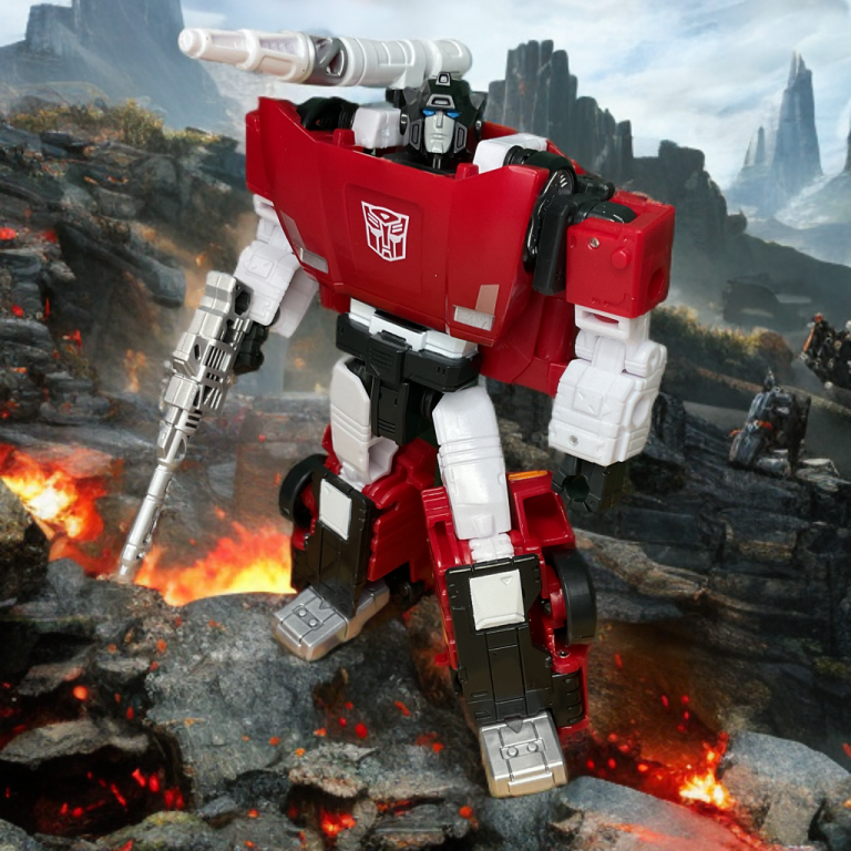 Guerreiro Autobot vermelho em forma de robô, armado, evocando o intenso combate do jogo Devastation.
