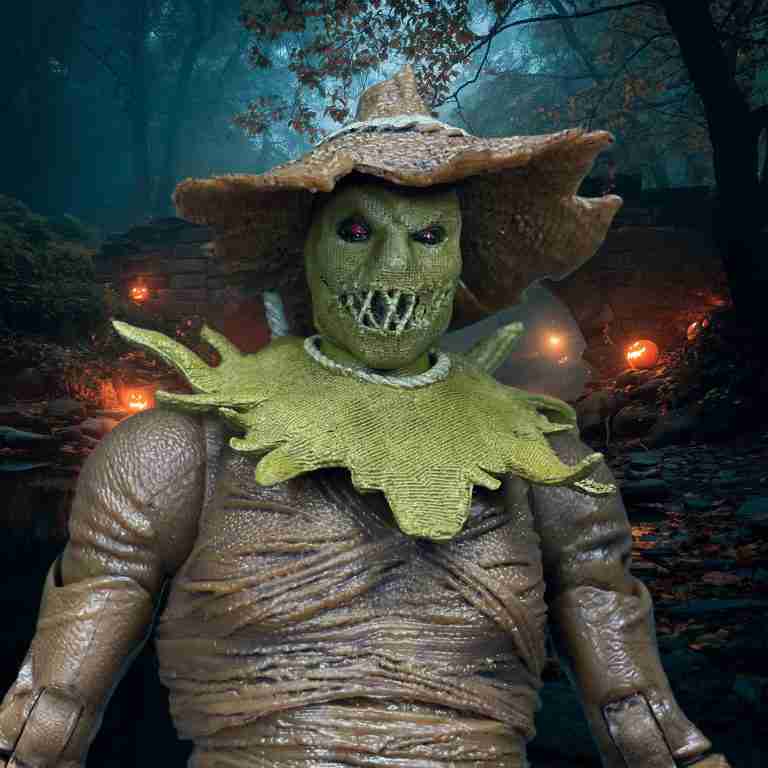 Close-up of the Scarecrow action figure’s weathered burlap mask, with hollow
