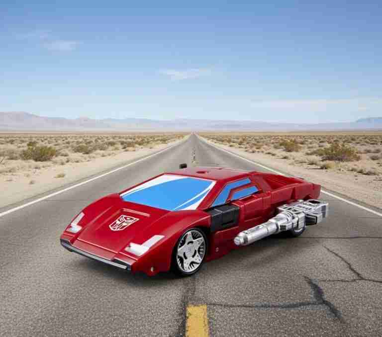 O Sideswipe se transforma no modo Lamborghini, exibindo um design vermelho elegante e acessórios prontos para a batalha.
