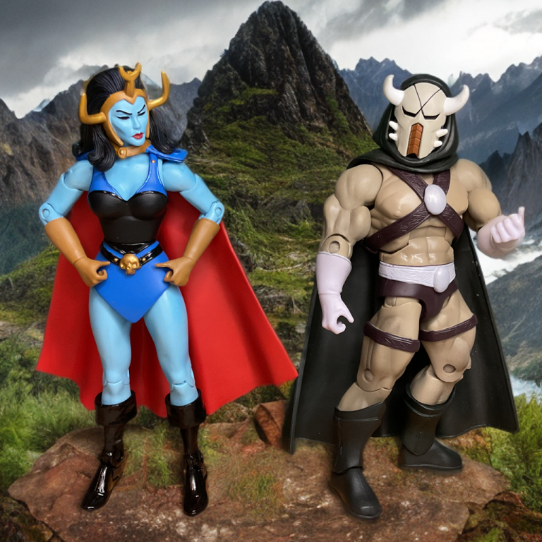 Lord Masque with a green sword and shield and the other a blue-skinned sorceress Shokoti with a red cape, pose in front of a mountain and trees.