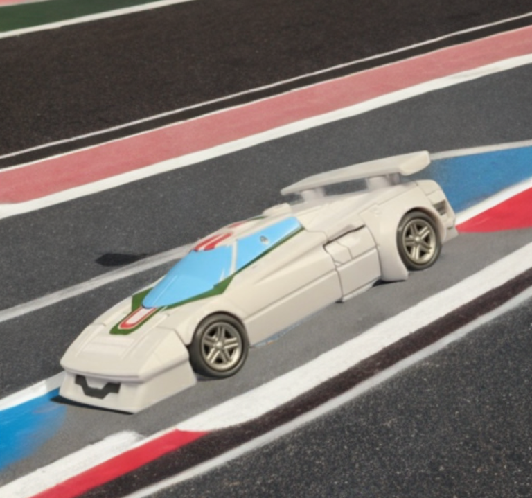 Lancia Stratos Turbo vehicle mode of the Studio Series Wheeljack, featuring white body with green and red racing stripes and rolling wheels.