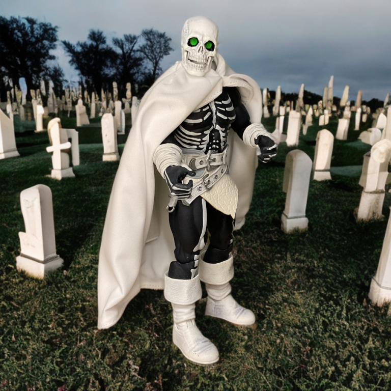 The Head Hunter figure standing in a graveyard with white tombstones, its black body with white bones, white cape, and white boots, its skull head glowing with green eyes, set against a cloudy sky and dark trees.